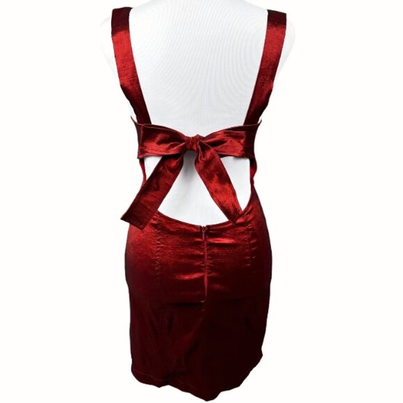 Lucy in the Sky Metallic Red Satin Bow Open Back Mini Dress S Holiday Party Club - Picture 4 of 11